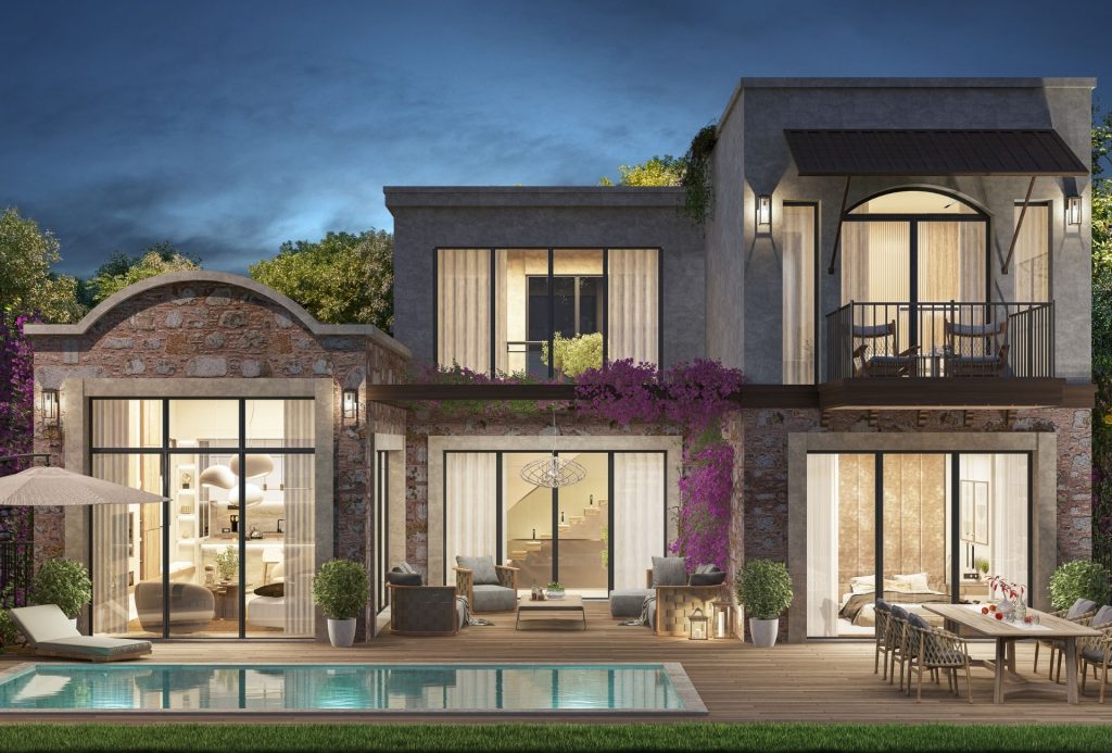 Bodrum Hebil Koyu’nda yer alan Gift Hebil projesindeki satılık lüks villanın havuzuyla birlikte karşıdan görünen modern dış cephe tasarımı, ferah mimari ve huzurlu yaşam alanı.