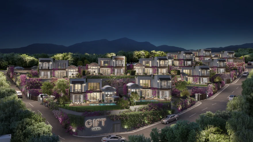 Bodrum Hebil Koyu satılık lüks villa projesi Gift Hebil genel dış cephe gece görünümü
