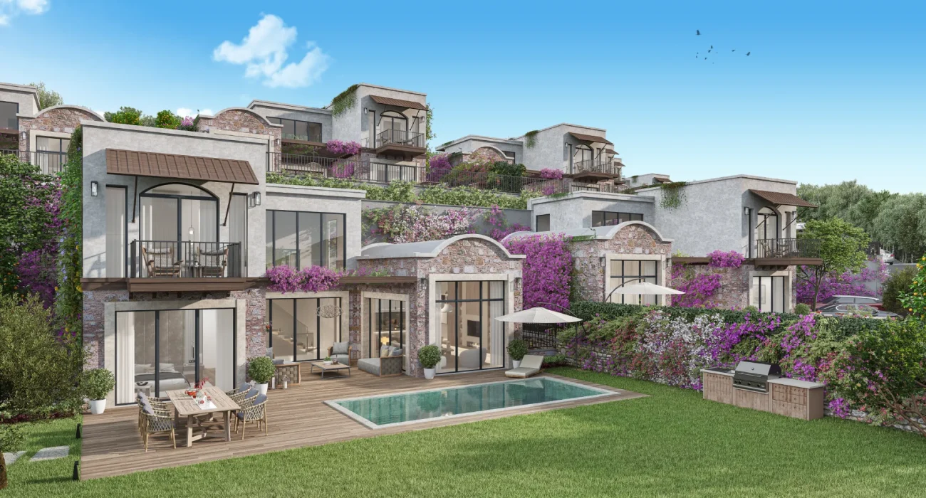 Gift Hebil Bodrum satılık lüks villa projesinin havuzlu dış cephe manzarası – Bodrum Hebil Koyu satılık villa görüntüsü.