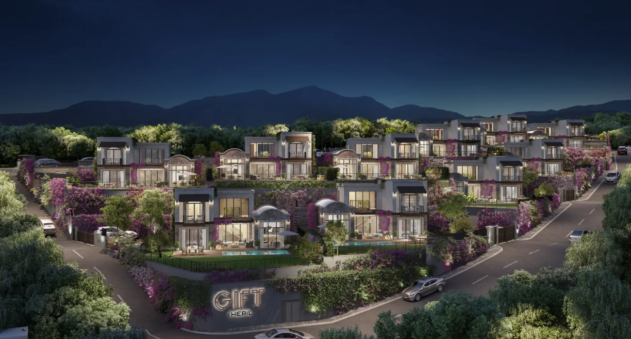 Gift Hebil Bodrum satılık lüks villa projesinin tüm villalarının gece manzarası – Bodrum Hebil Koyu satılık villa görüntüsü.
