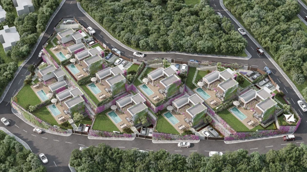 Gift Hebil projesi kuşbakışı vaziyet planı - Özel havuzlu Bodrum satılık lüks villa kompleksi yerleşimi ve peyzaj alanları.